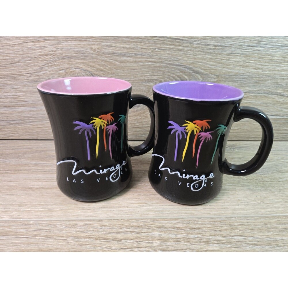 Set Of 2 -- The Mirage Hotel Casino Las Vegas Coffee Mug Palm Trees Pink  Purple